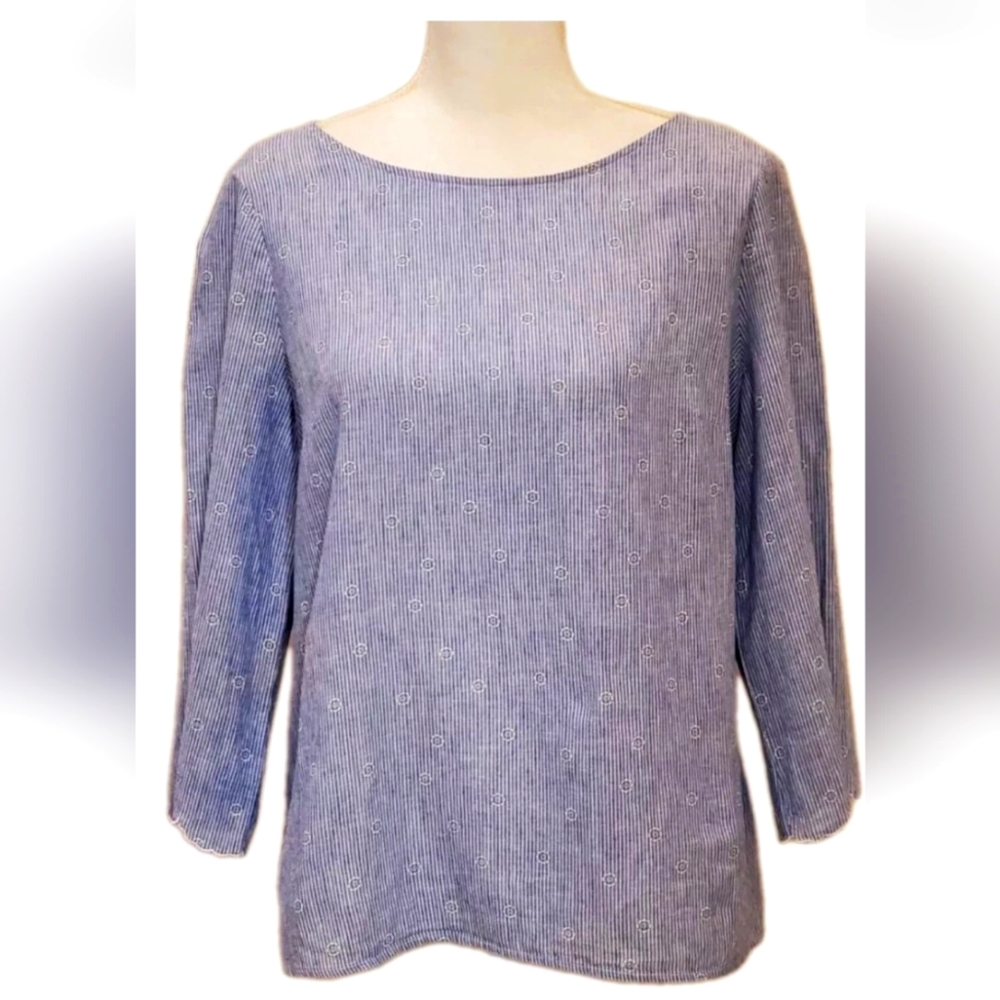 Liz Claiborne Striped Tunic 3/4 Sleeve Floral top Linen& Cotton Blend. S Office